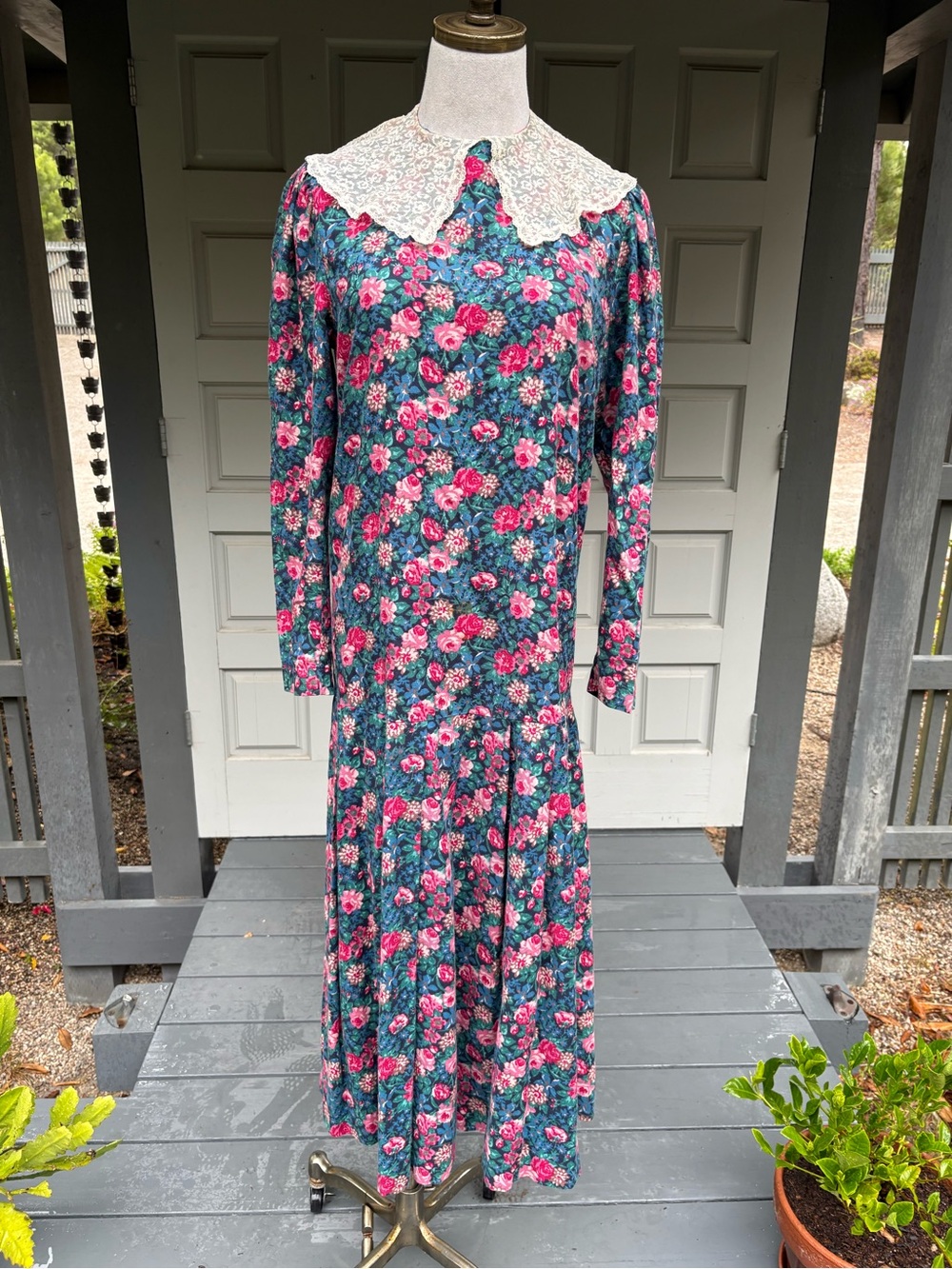 Laura Ashley Drop - Waist Teal Floral Midi Dress with Lace Collar